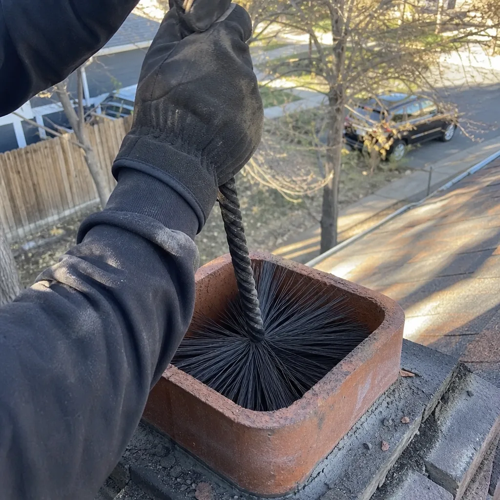 Professional chimney sweep using a chimney brush to clean a flue