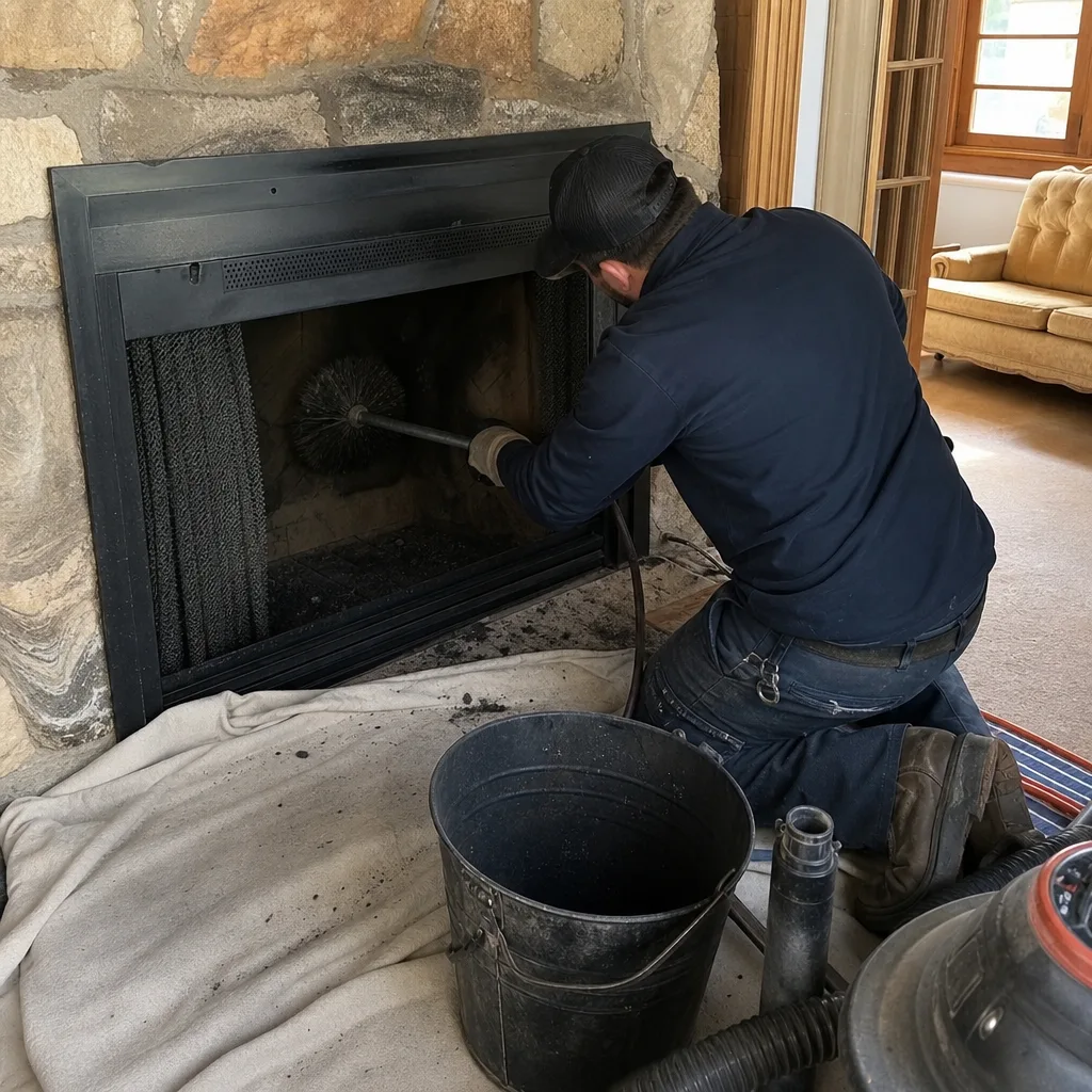Professional chimney sweep cleaning a residential stone fireplace with specialized tools