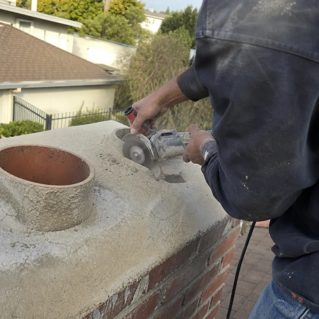 Professional technician performing masonry chimney crown repair with power tool