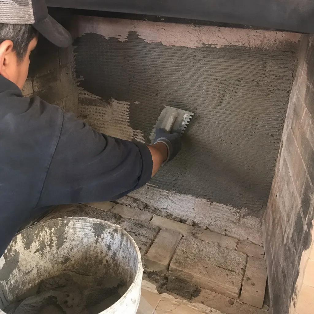 Worker applying mortar to a fireplace wall with a notched trowel